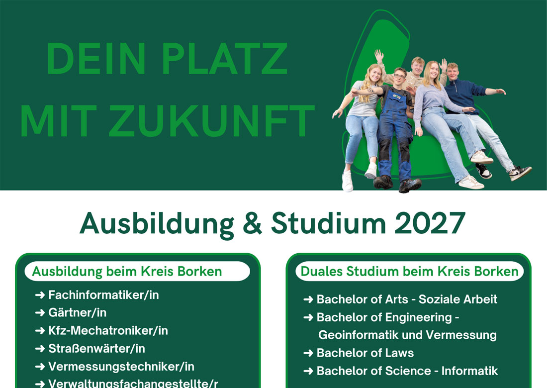 Am 27. Juni 2026 startet die Bewerbungsphase für die Ausbildungs- und dualen Studienplätze der Kreisverwaltung mit Start 2027